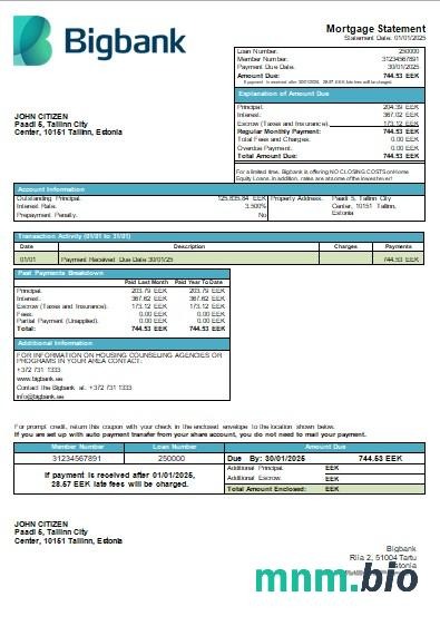 Estonia Bank Bigbank wyciąg z kredytu hipotecznego szablon Word i PDF